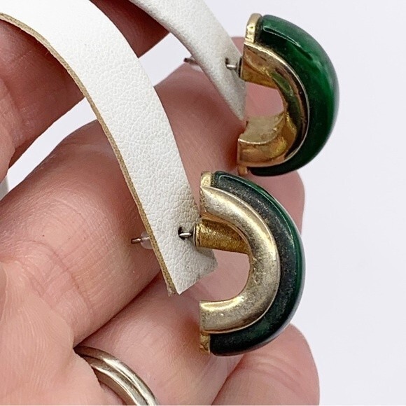 Green faux stone and gold tone chunky half hoop earrings - Picture 7 of 11